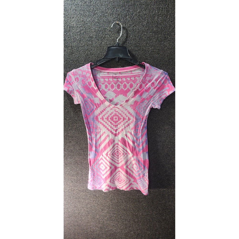 No Boundaries Womens Pink Purple Aztec Geometric V-Neck T-Shirt Size Small 3/5